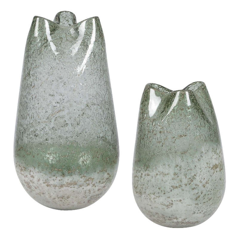 Pemberly Row Aqua Seeded Glass Vases with Aged Metal in Blue (Set of 2)