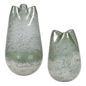 Pemberly Row Aqua Seeded Glass Vases with Aged Metal in Blue (Set of 2)