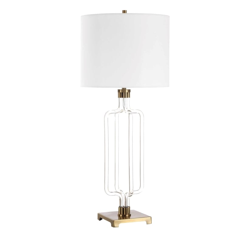 Pemberly Row Brass LED Table Lamp with Rectangular Shade in Gold