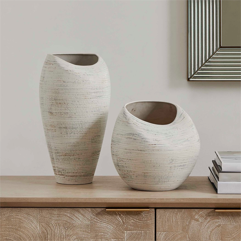 Pemberly Row Indoor/Outdoor Textured Ceramic Vases in Warm White (Set of 2)
