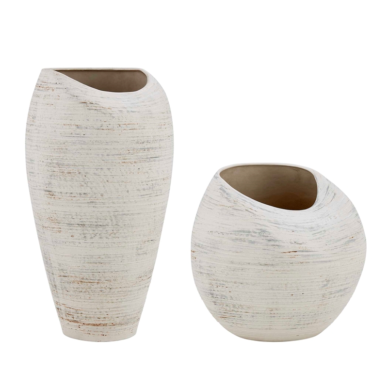 Pemberly Row Indoor/Outdoor Textured Ceramic Vases in Warm White (Set of 2)
