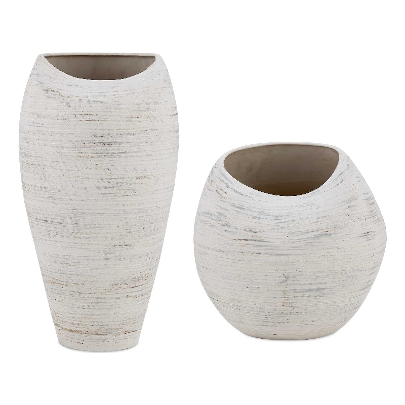 Pemberly Row Indoor/Outdoor Textured Ceramic Vases in Warm White (Set of 2)