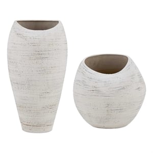 Pemberly Row Indoor/Outdoor Textured Ceramic Vases in Warm White (Set of 2)