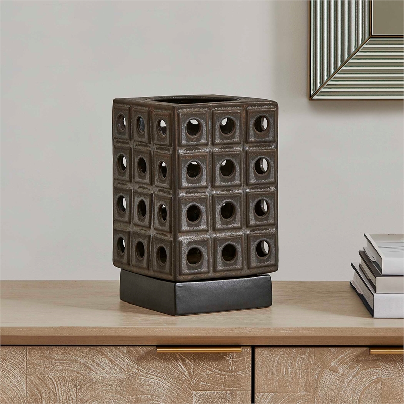 Pemberly Row Indoor/Outdoor Bronze Metal Lantern Candleholder in Brown