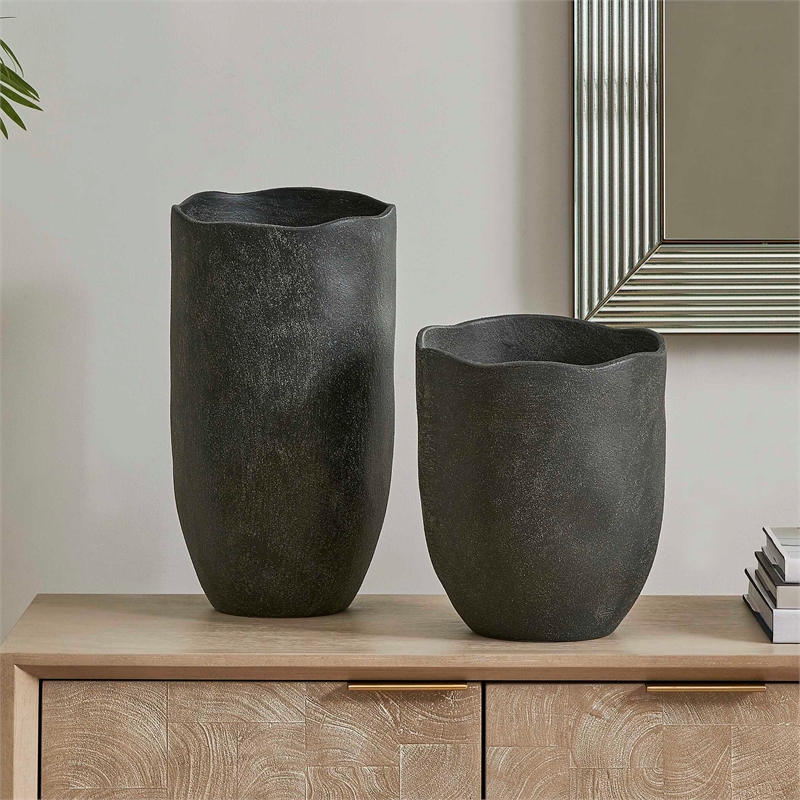 Pemberly Row Indoor/Outdoor Textured Ceramic Vases in Black (Set of 2)