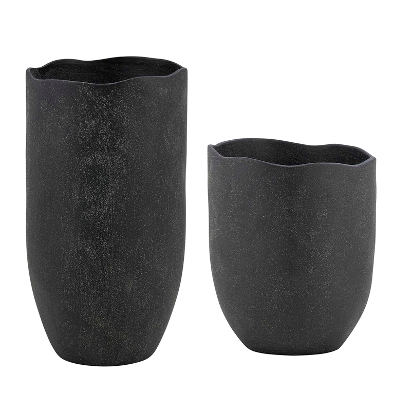Pemberly Row Indoor/Outdoor Textured Ceramic Vases in Black (Set of 2)
