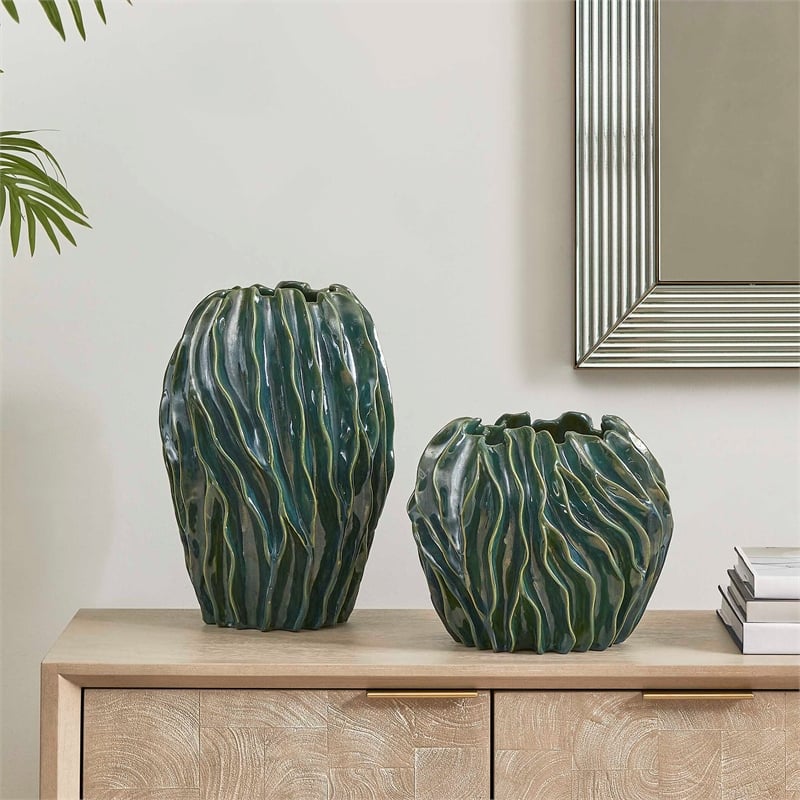 Pemberly Row Indoor/Outdoor Textured Ceramic Vases in Green (Set of 2)