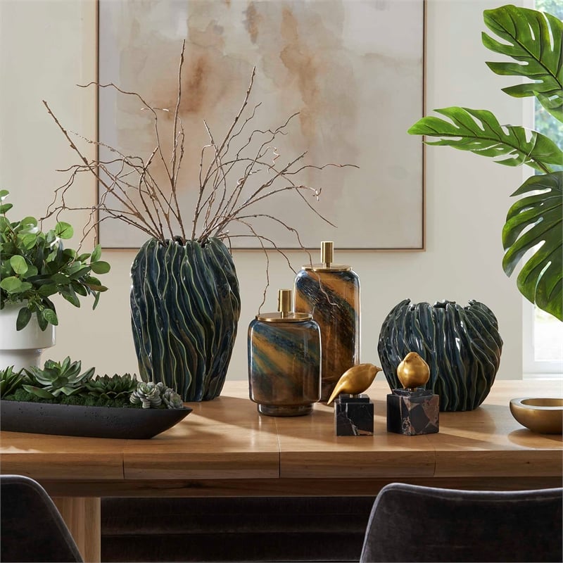 Pemberly Row Indoor/Outdoor Textured Ceramic Vases in Green (Set of 2)
