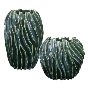 Pemberly Row Indoor/Outdoor Textured Ceramic Vases in Green (Set of 2)