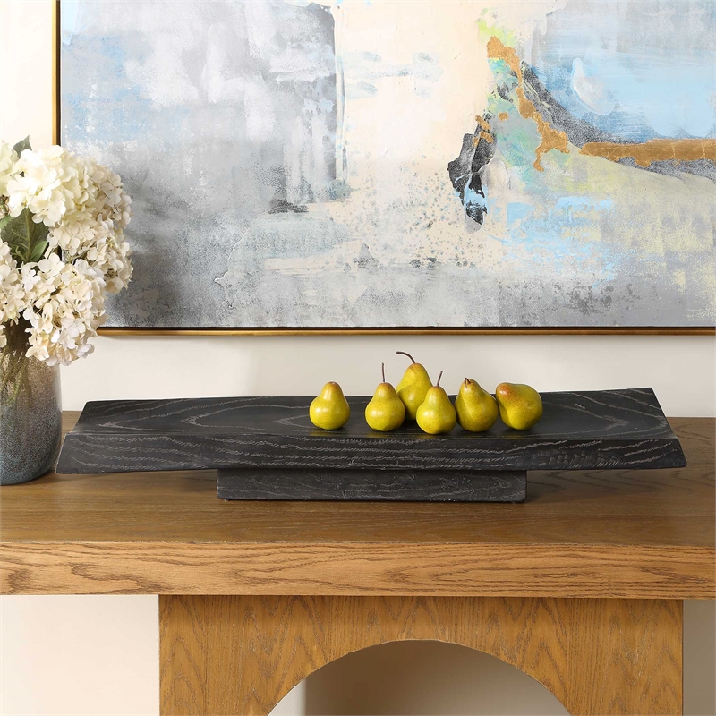 Pemberly Row Indoor/Outdoor Acacia Wood Serving Tray in Black