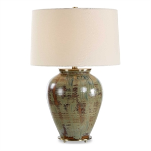 Pemberly Row Textured Stoneware Table Lamp with Linen Shade in Brown/Green
