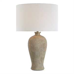 Pemberly Row Textured Glazed Ceramic Table Lamp with Linen Shade in Brown