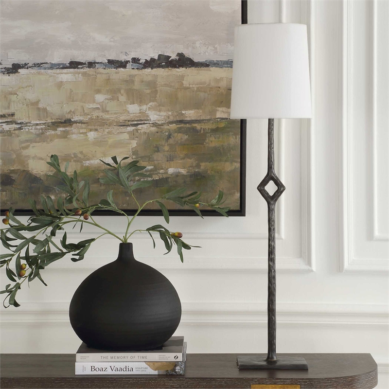 Pemberly Row Cordless Rechargeable Iron Buffet Lamp with Dome Shade in Black