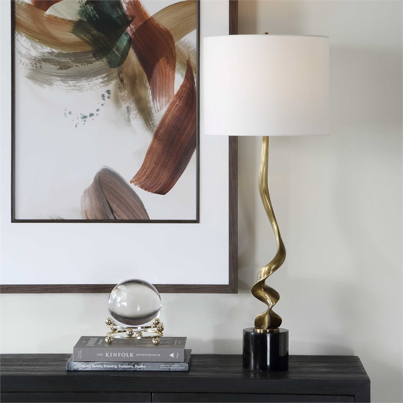 Pemberly Row Cordless Rechargeable Brass Buffet Lamp with Dome in Black