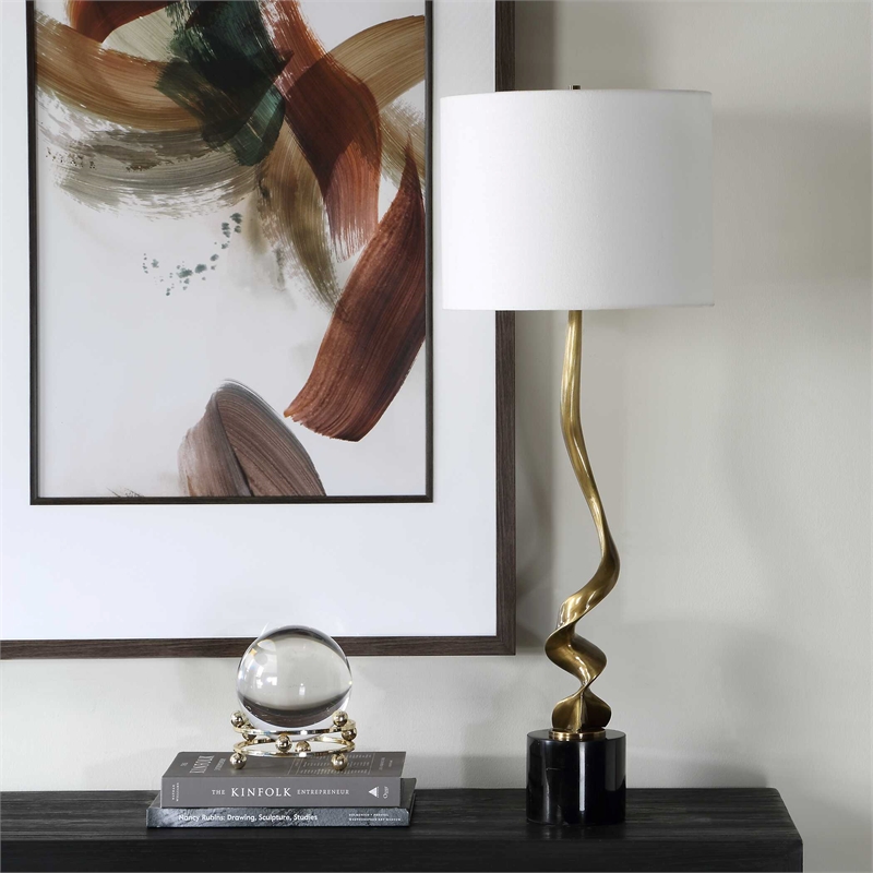 Pemberly Row Cordless Rechargeable Brass Buffet Lamp with Dome in Black