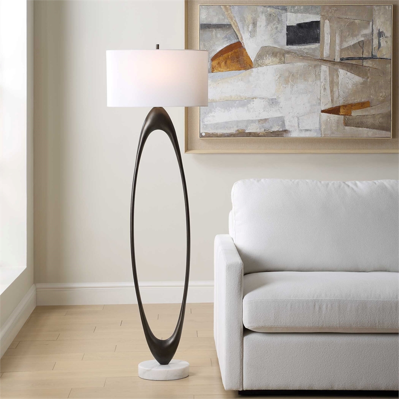 Pemberly Row Open Oval Iron Floor Lamp with Fabric Shade in Bronze