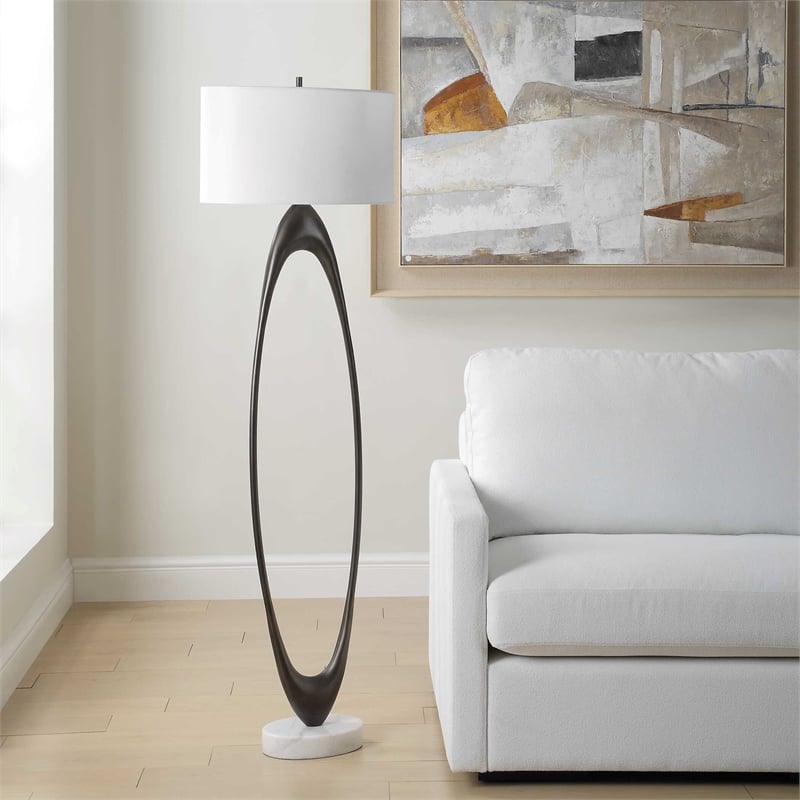 Pemberly Row Open Oval Iron Floor Lamp with Fabric Shade in Bronze