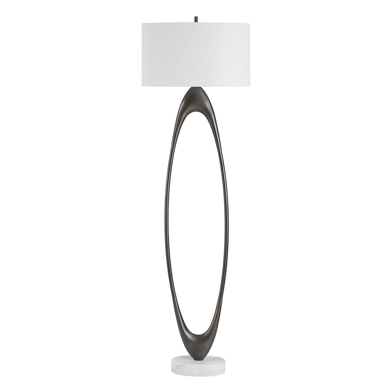 Pemberly Row Open Oval Iron Floor Lamp with Fabric Shade in Bronze