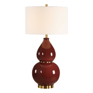 Pemberly Row Burgundy Glass and Metal Table Lamp with Linen Shade