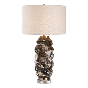 Pemberly Row Mottled Glass Table Lamp with Brushed Steel in Brown
