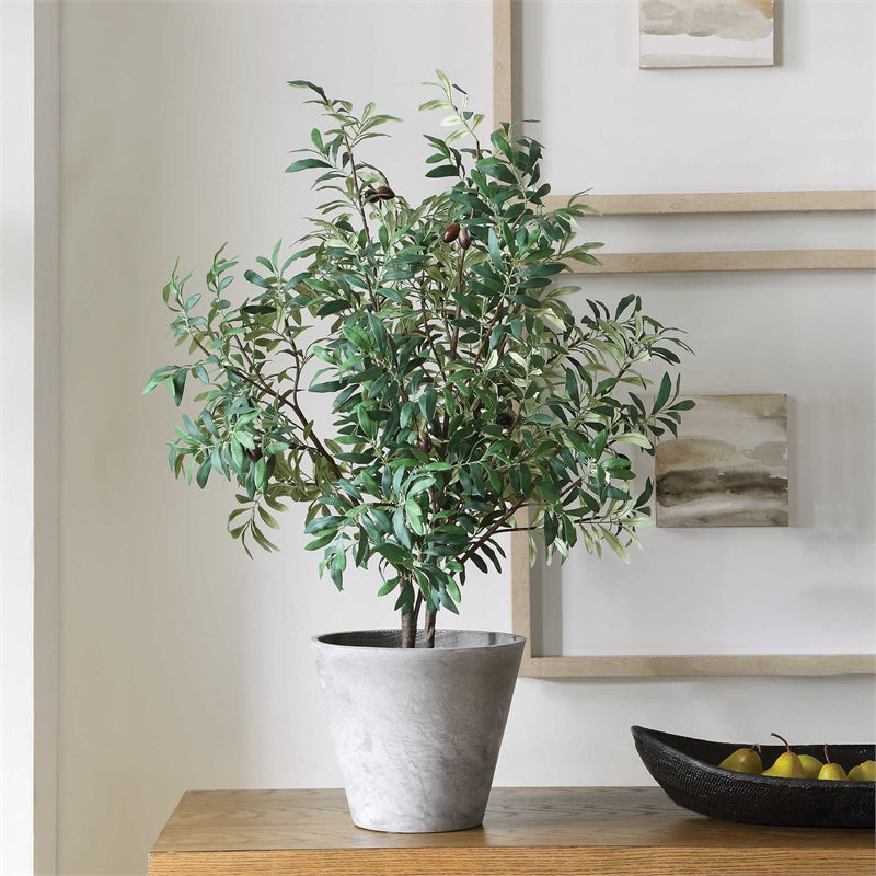 Pemberly Row Lifelike Potted Olive Plant with Fruit in Gray Planter