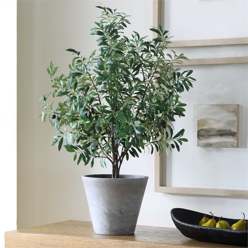 Pemberly Row Lifelike Potted Olive Plant with Fruit in Gray Planter