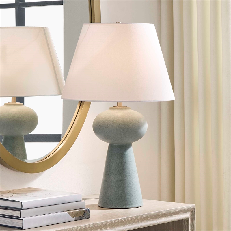 Pemberly Row Embossed Ceramic Table Lamp with Linen Shade in Light Blue