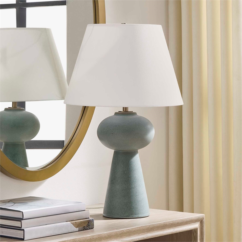 Pemberly Row Embossed Ceramic Table Lamp with Linen Shade in Light Blue
