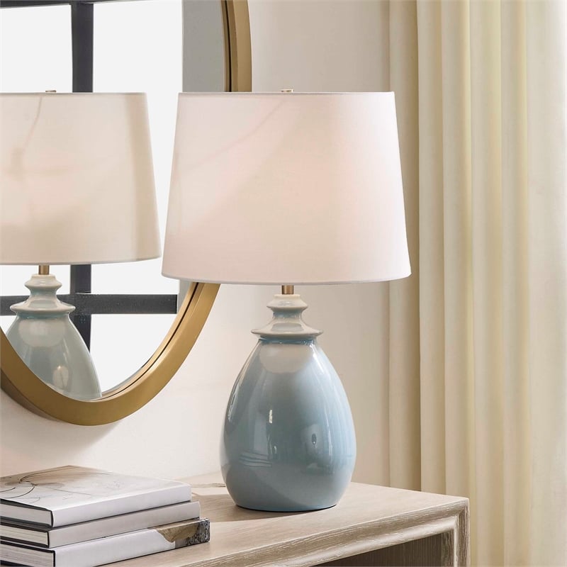 Pemberly Row Petite Embossed Ceramic Table Lamp with Shade in Light Blue