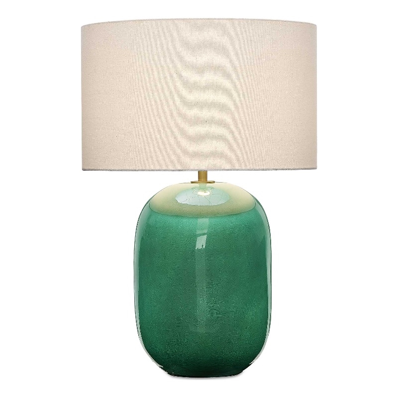 Pemberly Row Art Glass Table Lamp with Linen Shade in Deep Teal