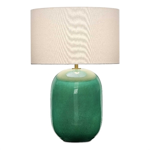 Pemberly Row Art Glass Table Lamp with Linen Shade in Deep Teal