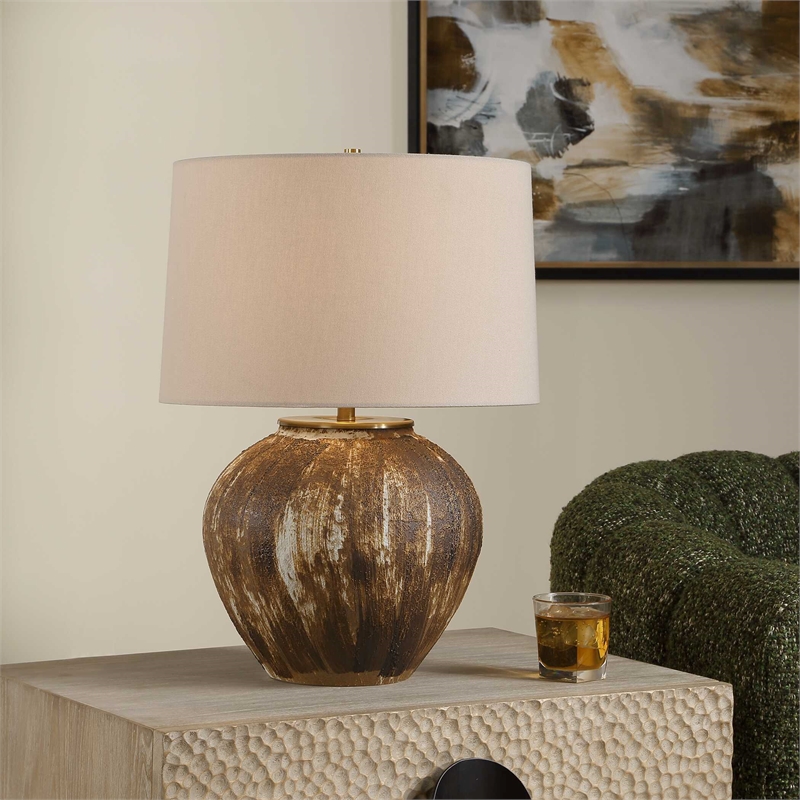 Pemberly Row Textured Ceramic Table Lamp with Linen Shade in Brown