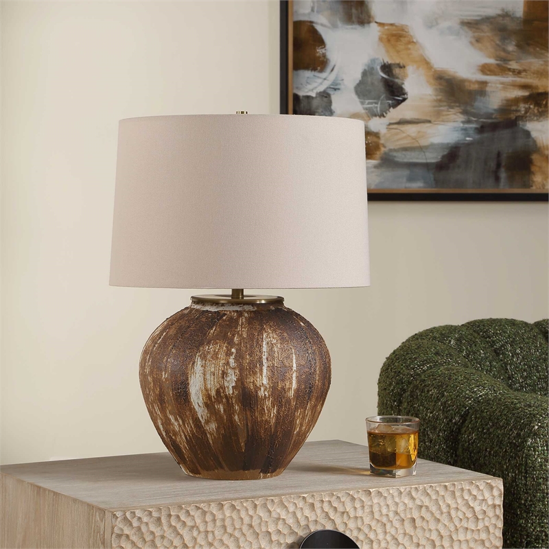 Pemberly Row Textured Ceramic Table Lamp with Linen Shade in Brown