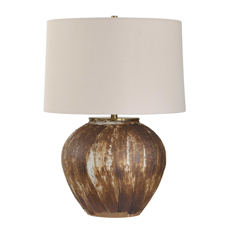 Pemberly Row Textured Ceramic Table Lamp with Linen Shade in Brown
