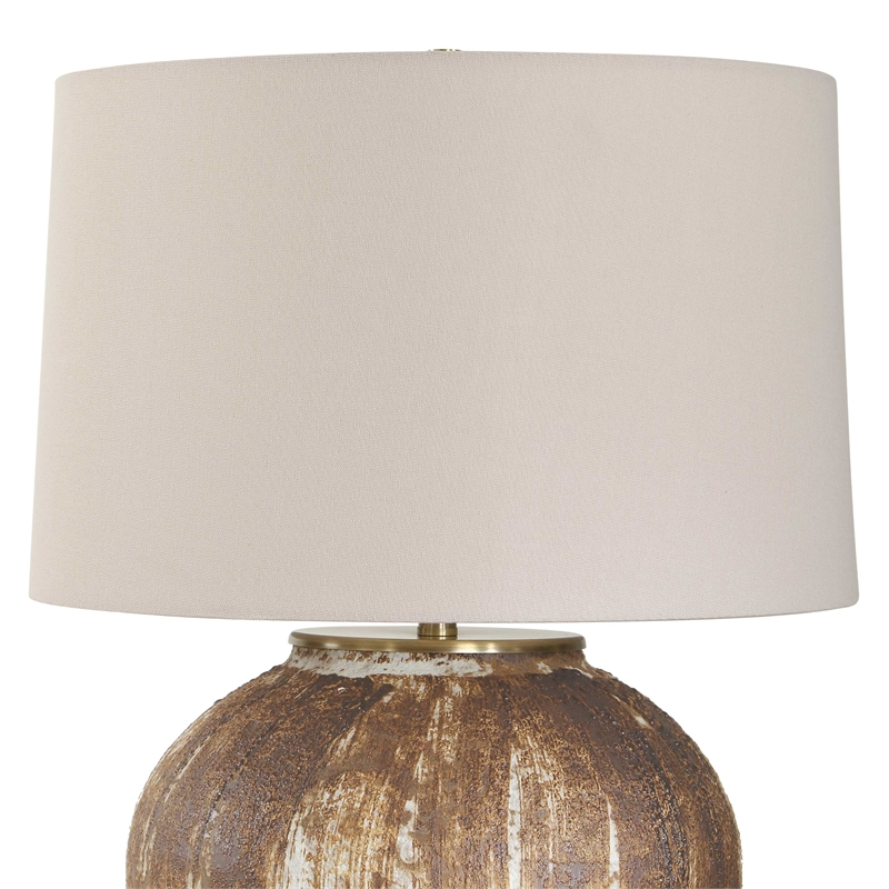 Pemberly Row Textured Ceramic Table Lamp with Linen Shade in Brown