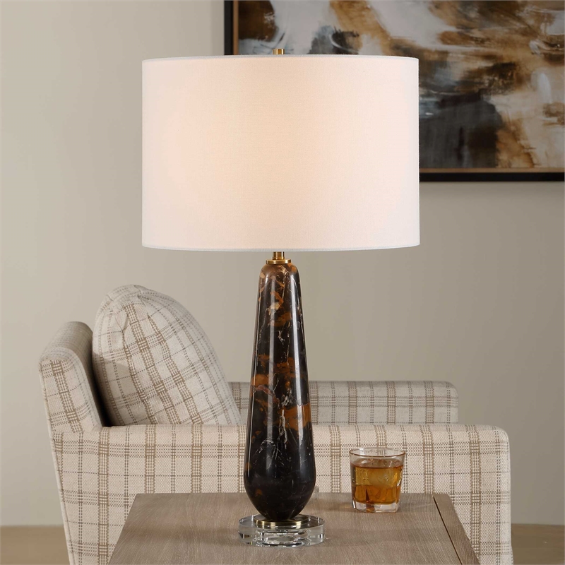 Pemberly Row Dark Italian Marble Table Lamp with Brass Stem in Black