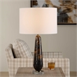 Pemberly Row Dark Italian Marble Table Lamp with Brass Stem in Black