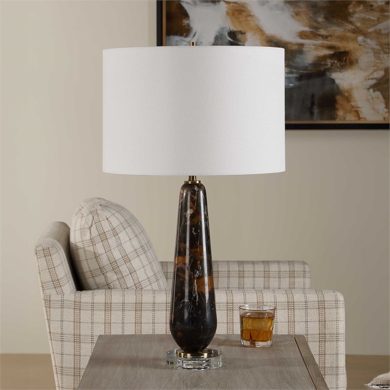 Pemberly Row Dark Italian Marble Table Lamp with Brass Stem in Black