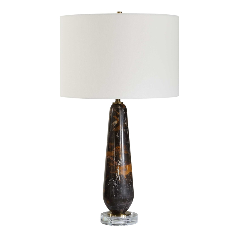 Pemberly Row Dark Italian Marble Table Lamp with Brass Stem in Black