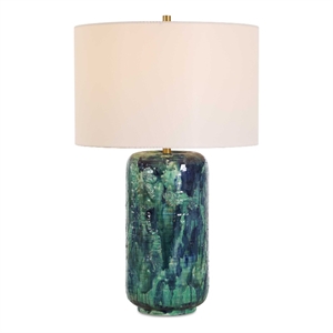 Pemberly Row Cobalt Glazed Ceramic Table Lamp with Linen Shade in Blue