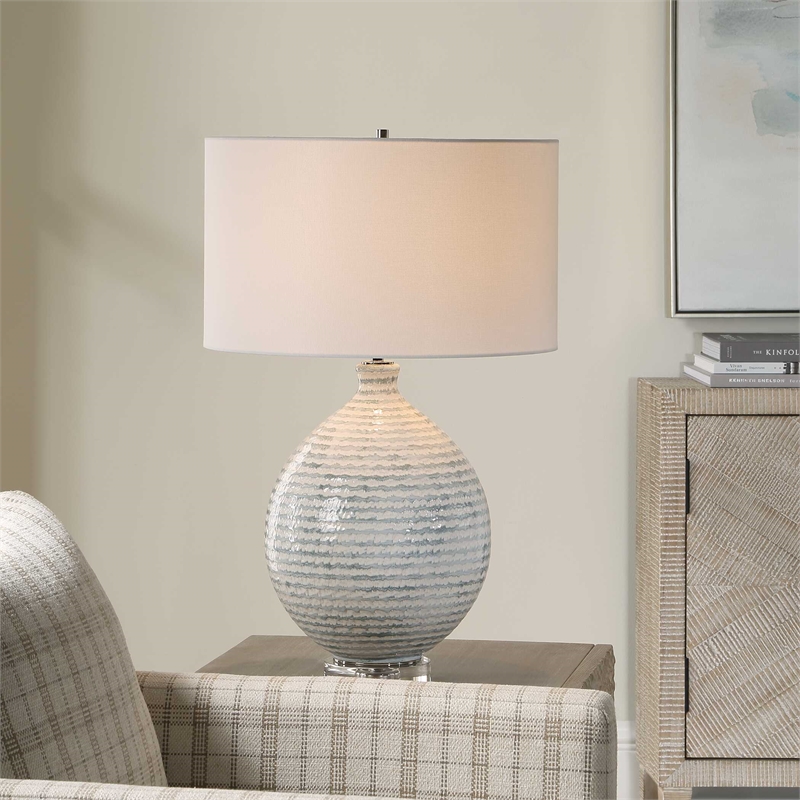 Pemberly Row Horizontally Striped Ceramic Table Lamp with Linen Shade in Gray