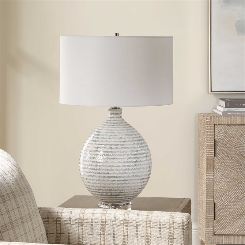 Pemberly Row Horizontally Striped Ceramic Table Lamp with Linen Shade in Gray