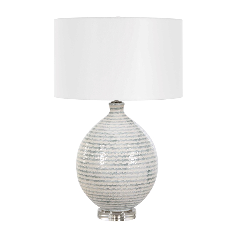Pemberly Row Horizontally Striped Ceramic Table Lamp with Linen Shade in Gray