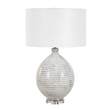 Pemberly Row Horizontally Striped Ceramic Table Lamp with Linen Shade in Gray