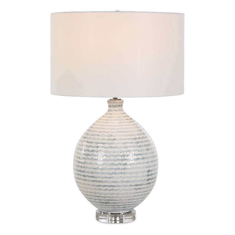 Pemberly Row Horizontally Striped Ceramic Table Lamp with Linen Shade in Gray
