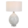 Pemberly Row Horizontally Striped Ceramic Table Lamp with Linen Shade in Gray