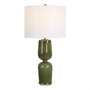 Pemberly Row Glazed Ceramic Table Lamp with Linen Shade in Green