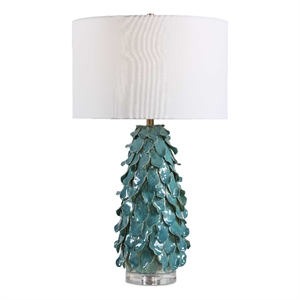 Pemberly Row Art Glass Table Lamp with Linen Shade in Teal Blue