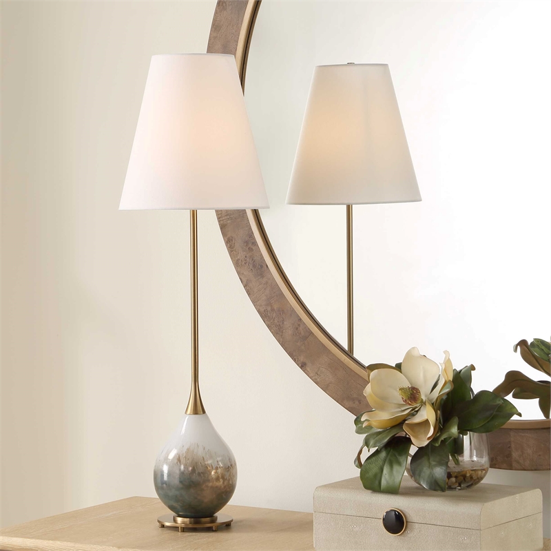 Pemberly Row Smoke Blown Glass Buffet Lamp with Polished Brass Base