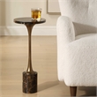 Pemberly Row Dark Italian Marble Round Drink Table with Iron Base in Black